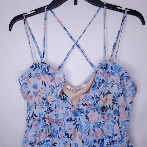 Lovers and Friends Dress Medium Baby Blue Floral Rae Mini Ruffle - Picture 2 of 9
